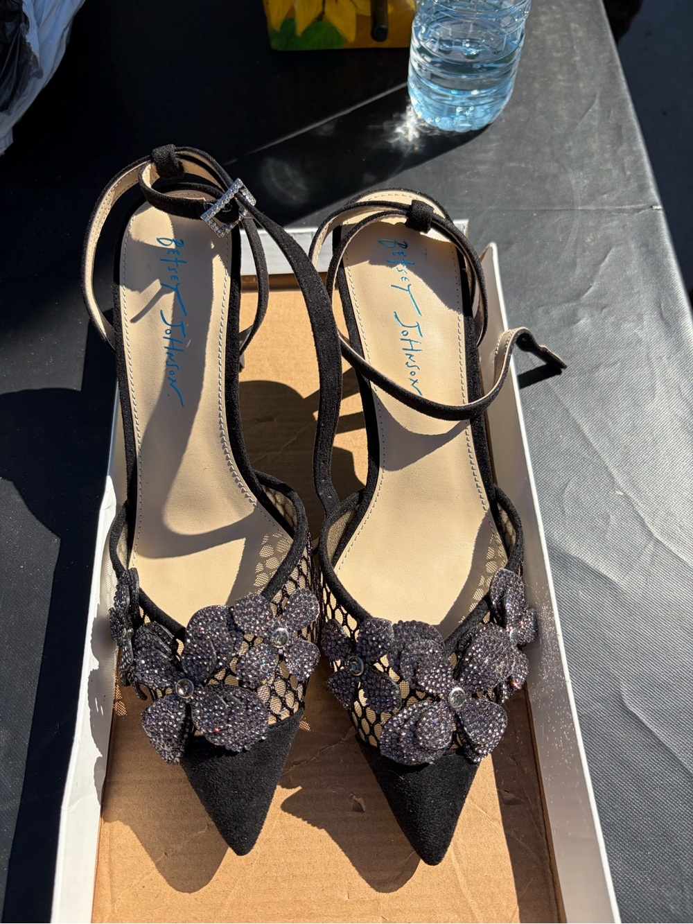 Betsy Johnson Black Floral Crystal Strappy Heels size 8